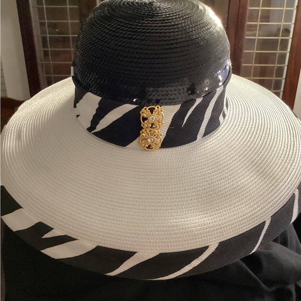 Black Sequin and White Straw Zebra Printed with Gold Broach Elegant Hat